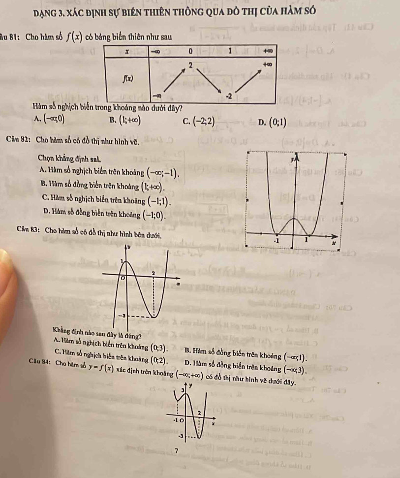 đạng 3, xác định sự biên thiên thông qua đô thị của hàm só
âu 81: Cho hàm số f(x) có bảng biến thiên như sau
Hàm số nghịch bidưới đây?
A. (-∈fty ,0) B. (1;+∈fty ) C. (-2;2) D. (0;1)
Câu 82: Cho hàm số có đồ thị như hình vẽ.
Chọn khẳng định sal.
A. Hàm số nghịch biến trên khoảng (-∈fty ;-1).
B. Hàm số đồng biến trên khoảng (1;+∈fty ).
C. Hàm số nghịch biển trên khoảng (-1;1).
D. Hàm số đồng biến trên khoảng (-1;0).
Câu 83: Cho hàm số có đồ thị như hình bên dưới.
Khẳng định nàu đây là đúng?
A. Hàm số nghịch biến trên khoảng (0;3). B. Hàm số đồng biến trên khoảng (-∈fty ;1).
C. Hàm số nghịch biến trên khoảng (0;2). D. Hàm số đồng biến trên khoảng (-∈fty ,3).
Câu 84: Cho hàm số y=f(x) xác định trên khoảng (-∈fty ;+∈fty ) có đồ thị như hình vẽ dưới đây.
7