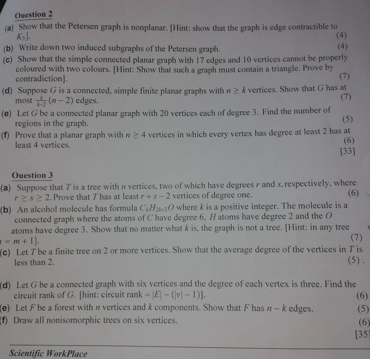 Ouestion 2
(a) Show that the Petersen graph is nonplanar. [Hint: show that the graph is edge contractible to
   
(4)
(b) Write down two induced subgraphs of the Petersen graph. (4)
(c) Show that the simple connected planar graph with 17 edges and 10 vertices cannot be properly
coloured with two colours. [Hint: Show that such a graph must contain a triangle. Prove by
contradiction]. (7)
(d) Suppose G is a connected, simple finite planar graphs with n≥ k vertices. Show that G has at
most  k/k-2 (n-2) edges. (7)
(e) Let G be a connected planar graph with 20 vertices each of degree 3. Find the number of
regions in the graph. (5)
(f) Prove that a planar graph with n≥ 4 vertices in which every vertex has degree at least 2 has at
least 4 vertices. (6)
[33]
Ouestion 3
(a) Suppose that T is a tree with n vertices, two of which have degrees r and s, respectively, where
r≥ s≥ 2.Prove that Thas at least r+s-2 vertices of degree one. (6)
(b) An alcohol molecule has formula C_kH_2k+2O where k is a positive integer. The molecule is a
connected graph where the atoms of C have degree 6, H atoms have degree 2 and the O
atoms have degree 3. Show that no matter what k is, the graph is not a tree. [Hint: in any tree
l=m+1].
(7)
(c) Let T be a finite tree on 2 or more vertices. Show that the average degree of the vertices in T is
less than 2. (5) .
(d) Let G be a connected graph with six vertices and the degree of each vertex is three. Find the
circuit rank of G. [hint: circuit° n ( =|E|-(|v|-1)]. (6)
(e) Let F be a forest with n vertices and k components. Show that F has n-k edges. (5)
(f) Draw all nonisomorphic trees on six vertices. (6)
_
[35
_
Scientific WorkPlace
_