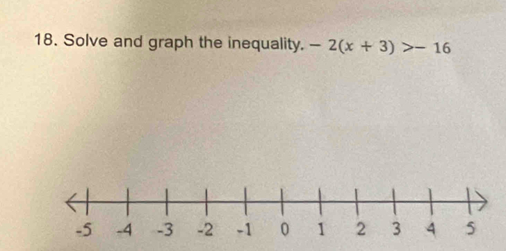 Solve and graph the inequality. -2(x+3)>-16