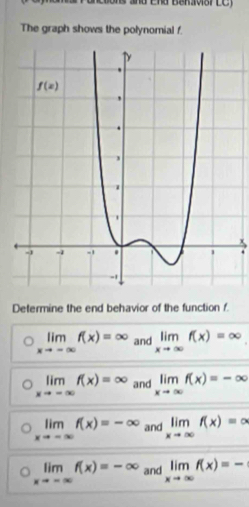 ons añd eña Bekavsi LC)
The graph shows the polynomial f.
Determine the end behavior of the function f
limlimits _xto -∈fty f(x)=∈fty and limlimits _xto ∈fty f(x)=∈fty
limlimits _xto -∈fty f(x)=∈fty and limlimits _xto ∈fty f(x)=-∈fty
limlimits _xto -∈fty f(x)=-∈fty and limlimits _xto ∈fty f(x)=∈fty
limlimits _xto -∈fty f(x)=-∈fty and limlimits _xto ∈fty f(x)=-