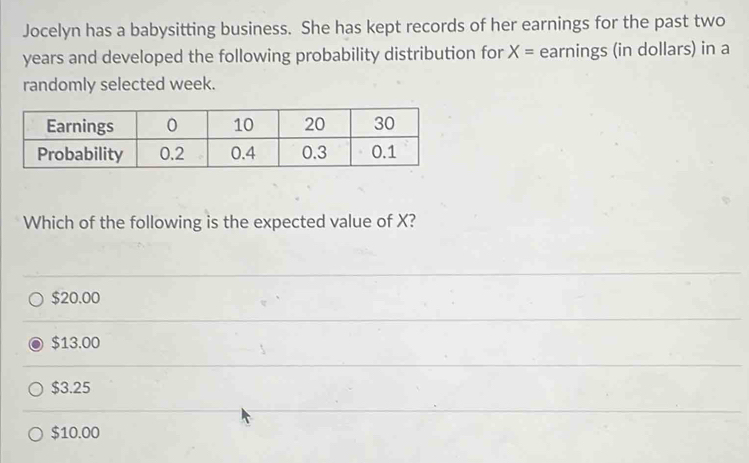 Jocelyn has a babysitting business. She has kept records of her earnings for the past two
years and developed the following probability distribution for X= earnings (in dollars) in a
randomly selected week.
Which of the following is the expected value of X?
$20.00
$13.00
$3.25
$10.00