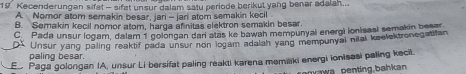 Kecenderungan sifet- sifat unsur dalam satu periode berikut yang bener adalah...
A Nomor atom semakin besar, jari - jari atom semakin kecil
B. Semakin kecil nomor atom, harga afinitas elektron semakin besar.
C. Pada unsur logam, dalam 1 golongan dari atas ke bawah mempunyal energi lonisasl semakin bess
D* Unsur yang paling reaktif pada unsur non logam adalah yand mempunyal nilal keelektronegatifan
paling besar.
E Paga golongan IA, unsur Li bersifat paling reakti karena memiliki energi ionisasi paling kecil.
an y a w a penting bahkan.