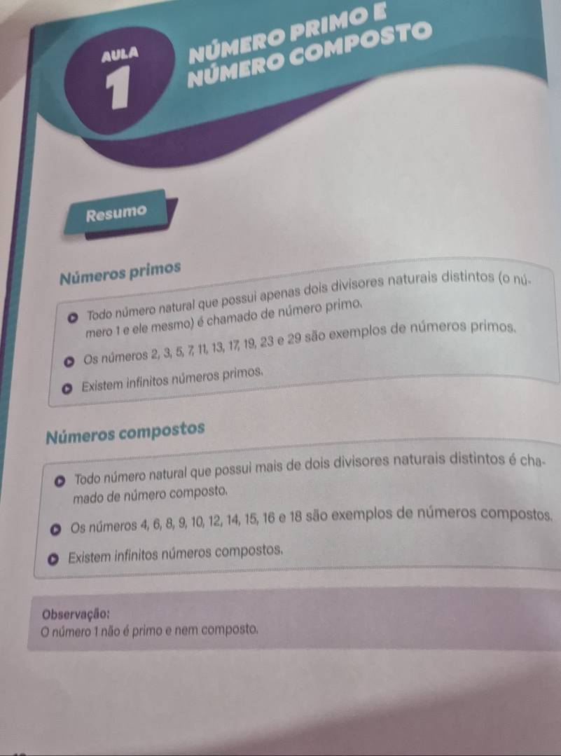 AULA NÚMERO PRIMO E 
1 NÚMERO COMPOSTO 
Resumo 
Números primos 
Todo número natural que possui apenas dois divisores naturais distintos (o nú- 
mero 1 e ele mesmo) é chamado de número primo. 
Os números 2, 3, 5, 7, 11, 13, 17, 19, 23 e 29 são exemplos de números primos. 
Existem infinitos números primos. 
Números compostos 
Todo número natural que possui mais de dois divisores naturais distintos é cha- 
mado de número composto. 
Os números 4, 6, 8, 9, 10, 12, 14, 15, 16 e 18 são exemplos de números compostos. 
Existem infinitos números compostos. 
Observação: 
O número 1 não é primo e nem composto.