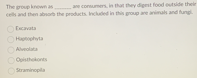 The group known as _are consumers, in that they digest food outside their
cells and then absorb the products. Included in this group are animals and fungi.
Excavata
Haptophyta
Alveolata
Opisthokonts
Straminopila