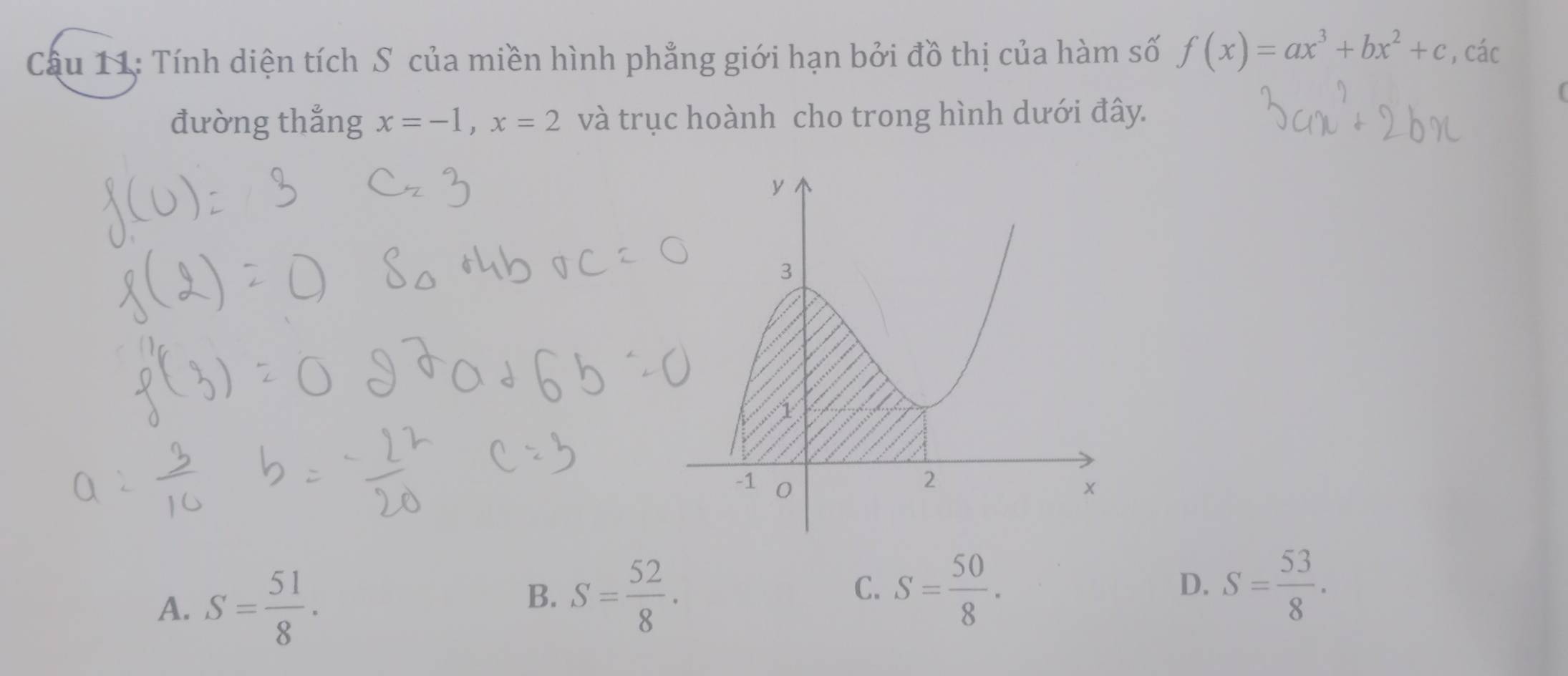 Cậu 11: Tính diện tích S của miền hình phẳng giới hạn bởi đồ thị của hàm số f(x)=ax^3+bx^2+c , các
đường thắng x=-1, x=2 và trục hoành cho trong hình dưới đây.
A. S= 51/8 .
B. S= 52/8 . S= 50/8 . S= 53/8 . 
C.
D.