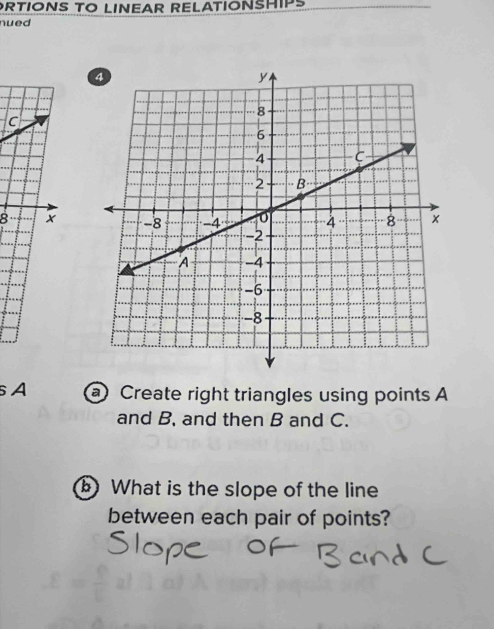 RTIONS TO LINEAR RELATIONSHIPS 
nued 
C 
8 
sA 
a Create right triangles using points A
and B, and then B and C. 
b What is the slope of the line 
between each pair of points?