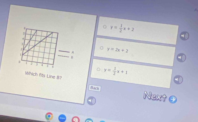 A
. y= 1/2 x+2
y=2x+2
y= 1/2 x+1
Back
Next③