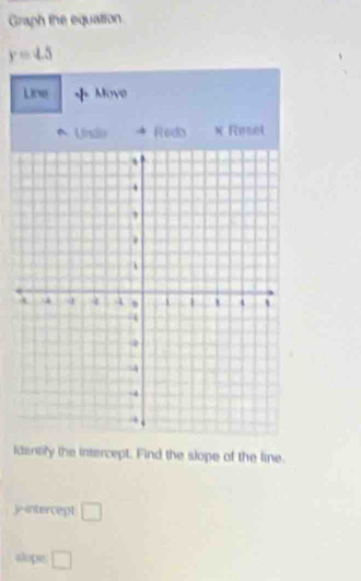 Graph the equation
y=4.5
Lioe Move 
Undo Redo × Resel 
identily the intercept. Find the slope of the line. 
y-intercept □ 
slope □