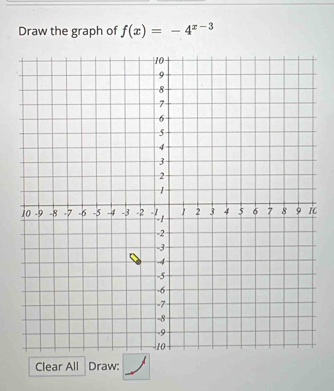 Draw the graph of f(x)=-4^(x-3)
Clear All Draw: