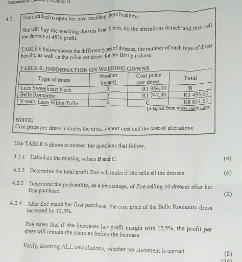 Mathematica L [Ofade I 1 
4.2 Zoe decided to open her own wedding dress business. 
She will buy the wedding dresses from Shein, do the alterations herself and then sell 
the dresses at 45% profit. 
TABLE 6 below shows the different types of dresses, the number of each type of dress 
bought, as well as the price per dress, for her first purchase 
NOTE: 
Cost price per dress includes the dress, import cost and the cost of alterations. 
Use TABLE 6 above to answer the questions that follow. 
4.2.1 Calculate the missing values B and C. (4) 
4.2.2 Determine the total profit Zoë will make if she sells all the dresses. (6) 
4.2.3 Determine the probability, as a percentage, of Zoë selling 10 dresses after her 
first purchase. (2) 
4.2.4 After Zoë made her first purchase, the cost price of the Belle Romantic dress 
increased by 12,5%. 
Zoë states that if she increases her profit margin with 12,5%, the profit per 
dress will remain the same as before the increase. 
Verify, showing ALL calculations, whether her statement is correct. (8)