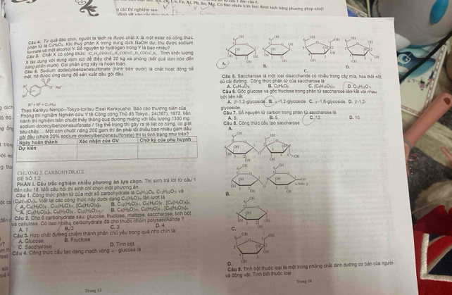 cầ4 1 đên cầu 6.
l, 2h Cu. Fe. Ai. Pb, Sn. Mg. Có bao nhiều kim loại được tành bàng phương pháp nhit
á  thi nghiệm s  địinh vt vàn củc t n
Cau 4. Từ quả đạo chin, người ta tách ra được chát X là một ester có cộng thức OH 0 0H
TNân tử là C:H D: Khi thuy phân X trong dụng cịch NaDH dư, thu được socium OH DH
S  mete và một alcohol Y. Số nguyên tử hydrogen trong Y là bao nhiều? CH SH
1 pHt ,
Cầu & Chất X có công thức: (C.HCOOKC..H.COO)C.H. COO)C.H,. Tình khổi lượng 5
X tác dụng với dụng dịch xút đễ điều chế 20 kg xã phòng (kết quả làm tròn điển cn pes d , on overline JT
1
CH
eteg phá xưới. Coi phân ứng xây ra hoàn toàn A. % OH ài
Cau 6. Sodium dodecylbenzenesuffonate (hình bàn dưới) là chất hoạt động bể B. D.
C.
Một  nó được ứng dụng đề sản xuất dầu gới đầu Câu 6, Saccharose là một loại disacchande có nhiều trong cây mia, hoa thột sốt
củ cải đường. Công thức phân tử của saccharose là C.(CaHtO1]= C_2H_11O_11
Na
A. C;H₁zOs B. CH,O_1
bởi lián kết Câu 6, Gốc giucose và gốc tructose trong phần tử saccharose liêa kết với nhau
8.1.2g
8^2+8^4=(^2-8)^2
dịch Theo Kenkyu Nenpo--Tokyo-toritsu Eisei Kenkyusho. Bảo cáo thường niên của B. y-1.2-y yooside. C. -1,c Calvctide D beta +1.2
Phòng thí nghiêm Nghiên cứu Y tế Công công Thủ đô Tokyo., 24(397), 1972, tiên
७ hành mí nghiệm trên chuột thảy thông qua đương miệng với tiệu lượng 1330 mọ g'ycoside.  Cầu 7. Số nguyên tử carbon trong phân từ saccharose l B. 5 1:2 D. 10
socium dodecy benzenesulfonate / 1kg thể trong thi gày ra tè liệt có cùng, co giệt Cậu B. Công thức câu tạo saccharose
ng óng  bêu chây .... Mội con chuột năng 200 gam thi ăn phải sối thiều bao nhiệu gam dầu A
C6
ron  Ngày hoàn thành gôi đầu (chứa 20% sodium dodecylbenzenesulfonate) thì bị tỉnh trang như trên? Chứ ký của phụ huynh
Xác nhậm của GV
0
CH 1 any
ái m Dự kiện
1
OH   0M
CH CM
g thú CHU/ONG 2. CARBOHYDRATE
ĐE SÓ 1.2
PHAN IL Cầu trắc nghiệm nhiều phương ám lựa chọn. Thi sinh trà lới từ câu 1 Col c=. h:4
t
đần cầu 18. Mỗi câu hồi thi sinh chỉ chọn một phương án ²CH 1
Cầu 1. Công thức phân tử của một số carbohydrate là CcHuO C_nH_nO_11 và B.
Cột ci (CsH-Or)- Viết lại các công thức này dưới dạng C-(HO). làn lượt là B、Cu(H₂O)₁ C₆(H₂O)e (Cu(HuO)+ [C_1(H_2C 0:h
A,/Co(HaO)s , C=z(H₂O)+, [Ca(H₂O)s]n B.Cu(H₂O)- CaO LO_4
A. [Ca(H₂O]s]= Ca(HzO)a 、 Cu(H₂O)π/
dồn d
Gâu 2. Cho 6 carbohydrate sau: glucose, fructose, maltose, saccharose, tinh bột SRI
và cellulose. Có bao nhiều, carbohydrate đã cho thuộc nhóm polysacchande ? C. 3 D. 4 C. on :
A. 1 B,/2 08
Câu 3. Hợp chất đường chiếm thành phần chủ yêu trong quá nho chin là OH ,()
C. Saccharose A. Glucose B. Fructose
C
5 G :
bao  Câu 4. Công thức câu tạo dang mạch vòng « - glucose I D. Tình bật.
    
1
D. on
xúe
ad 
và động vật: Tình bột thuộc loại Cầu 9. Tỉnh bột thuộc loại là một trong những chất dinh dường cơ bản của người
Trasg 14
Trang 13