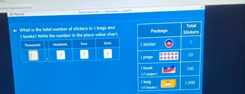 tudent/dashboard/home 
@i-Ready Place Value, Part 1 — Instruction — Level D 
What is the total number of stickers in 4 bags and
2 books? Write the number in the place-value chart.