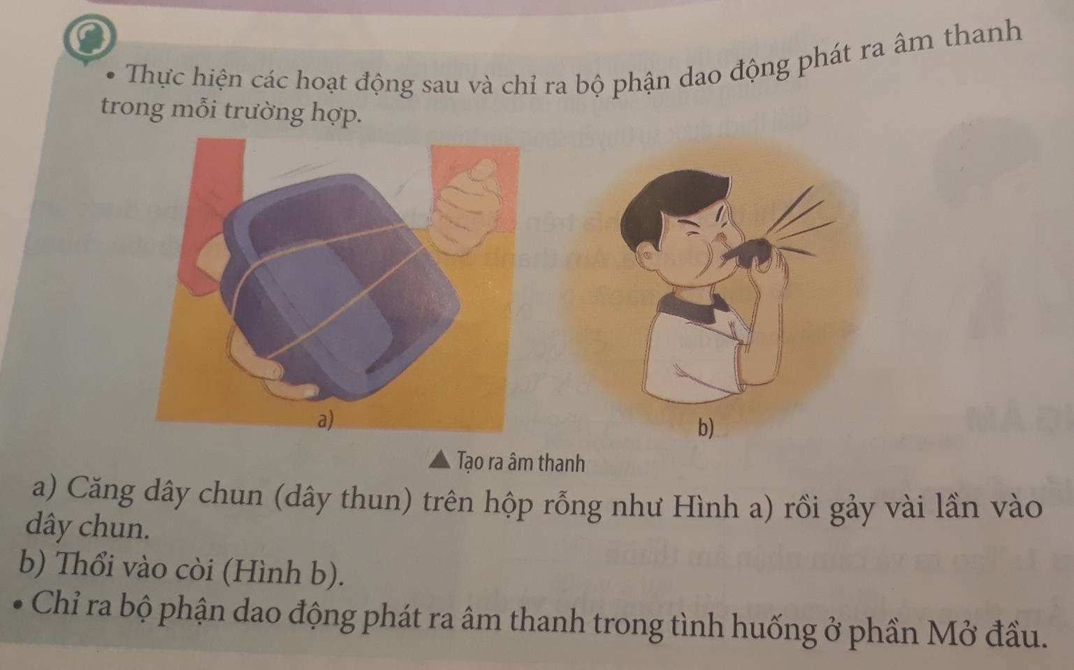 Thực hiện các hoạt động sau và chỉ ra bộ phận dao động phát ra âm thanh 
trong mỗi trường hợp. 
Tạo ra âm thanh 
a) Căng dây chun (dây thun) trên hộp rỗng như Hình a) rồi gảy vài lần vào 
dây chun. 
b) Thổi vào còi (Hình b). 
Chỉ ra bộ phận dao động phát ra âm thanh trong tình huống ở phần Mở đầu.