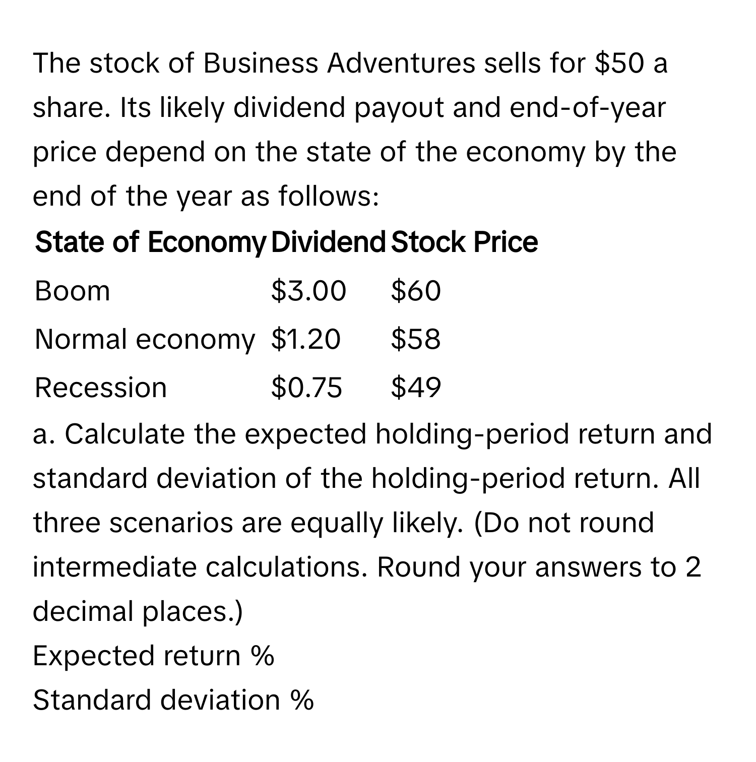 The stock of Business Adventures sells for $50 a share. Its likely dividend payout and end-of-year price depend on the state of the economy by the end of the year as follows:

| State of Economy | Dividend | Stock Price |
|---|---|---|
| Boom | $3.00 | $60 |
| Normal economy | $1.20 | $58 |
| Recession | $0.75 | $49 |

a. Calculate the expected holding-period return and standard deviation of the holding-period return. All three scenarios are equally likely. (Do not round intermediate calculations. Round your answers to 2 decimal places.) 
Expected return %
Standard deviation %