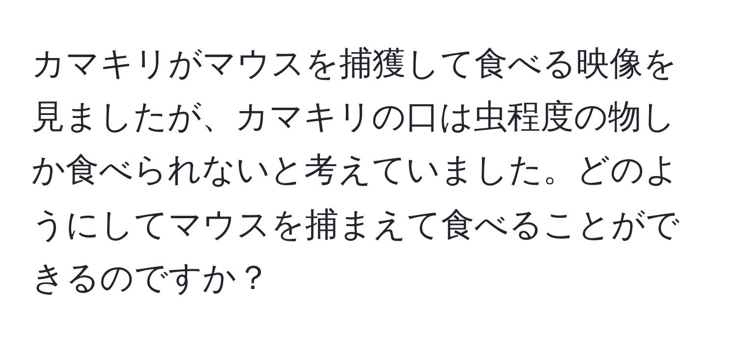 カマキリがマウスを捕獲して食べる映像を見ましたが、カマキリの口は虫程度の物しか食べられないと考えていました。どのようにしてマウスを捕まえて食べることができるのですか？