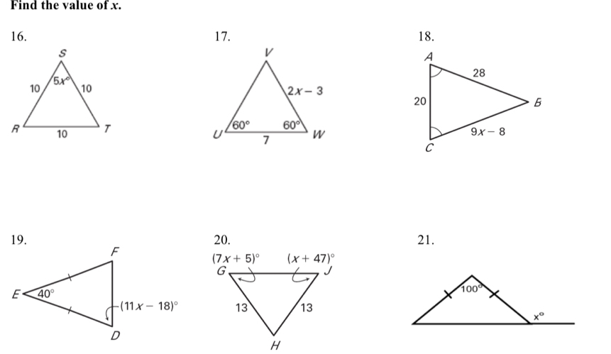 Find the value of x.
16. 17. 18.
 
20. 21.