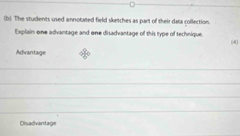 The students used annotated field sketches as part of their data collection. 
Explain one advantage and one disadvantage of this type of technique. 
(4) 
Advantage 
Disadvantage