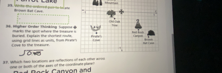 Lake Mountain 
35. Write the ordered pair to locate 
Brown Bat Cave. 
36. Higher Order Thinking Suppose 
marks the spot where the treasure i 
buried. Explain the shortest route, 
using grid lines as units, from Pirate 
Cove to the treasure. 
37. Which two locations are reflections of e 
one or both of the axes of the coordinate plane? 
Rad Bock Canvon and