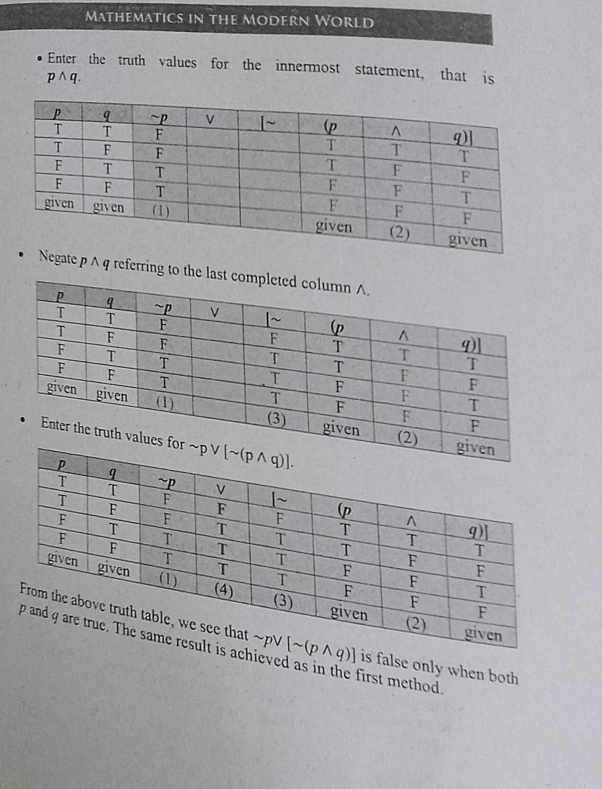 Mathematics in the Modern World
Enter the truth values for the innermost statement, that is
pwedge q.
^ q referring to the 
hie
is false only when both 
first method.