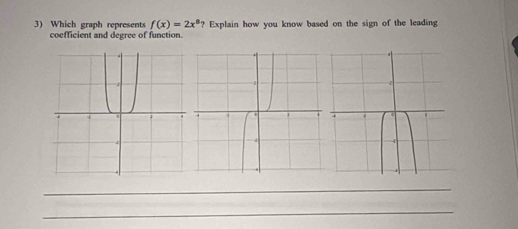 Which graph represents f(x)=2x^8 ? Explain how you know based on the sign of the leading 
coefficient and degree of function. 
_ 
_