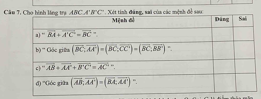 Câu A'B'C' g, sai của các mệnh đề sau: