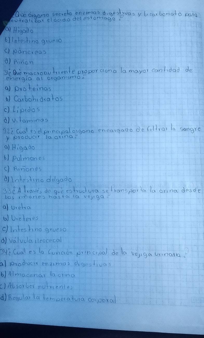 Ooe organo secrela eneimos digestivas y bi carbonato pard
eutralitar eldododelestomago
a) Higado
6)Intesting giueso
() pancreas
d) Binon
3ic Ove macronufriente prepor ciona la mayor canfidad de
energia al organismod
a) proteinas
() Carbohidratos
() Lipidos
d)v、 laminas
Bza (ual esel princpalorgano encargado defiltrar la sangre
y producir laorina?
a) Higado
6) pulmones
c) Riniones
dilntestino delgado
33c° A lrave's de gue estructura setransporia la orina desde
les rinones hasta la vejiga
a) urelva
6) Ureteres
clinteshnd grueso
di valvula ileocecal
3ye Cual es la (uncion principal de la vejiga urinara?
al producir enzimos digestivas
6) A1macenar la crina
() Absorber nutrienles
d) Regular (a temperatura corporal