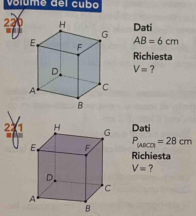 volume del cubo 
220 
Dati
AB=6cm
Richiesta
V= ?
22 Dati
P_(ABCD)=28cm
Richiesta
V= ?