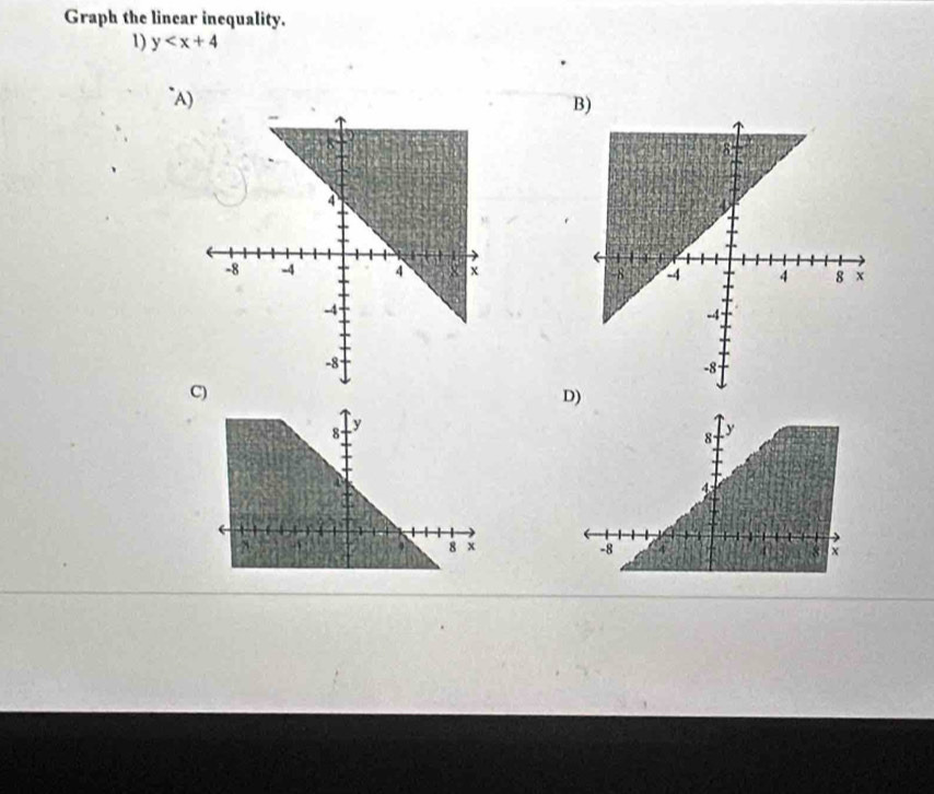 Graph the lincar inequality. 
1) y
“A) B) 

D)