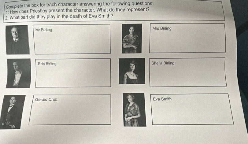 Complete the box for each character answering the following questions:
1: How does Priestley present the character. What do they represent?
2. What part did they play in the death of Eva Smith?
Mr Birling Mrs Birling
Eric Birling Sheila Birling
Gerald Croft Eva Smith