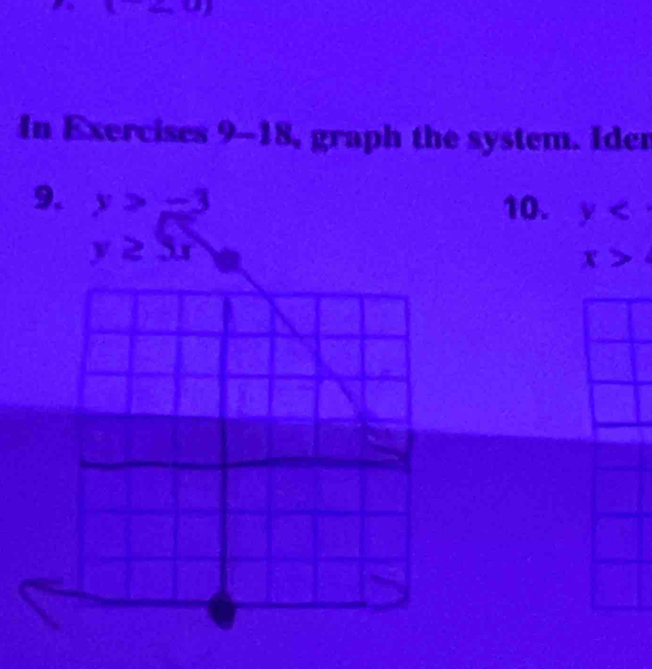 In Exercises 9-18 graph the system. Ider 
9. y>-3
10. y
y≥ 3x
x>