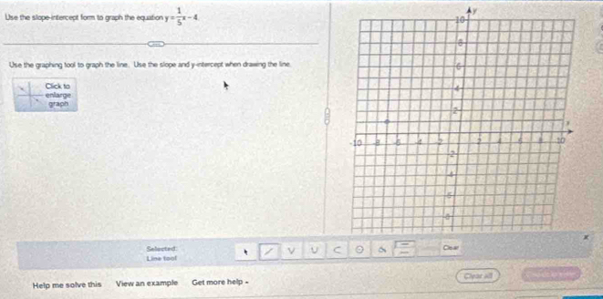 y
Use the slope-intercept form to graph the equation y= 1/5 x-4
Use the graphing tool to graph the line. Use the slope and y-intercept when drawing the line 
Click to 
enlarge graph
x
ν U C 
Line tool Selected 
Help me solve this View an example Get more help - Clear all