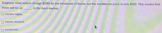 Suppose shoe sellers charge $200 for the latest pair of boots, but the equilibrium price is only $130. This means that
there will be an_ in the boot market.
excess supply
excess demand
equilibrium