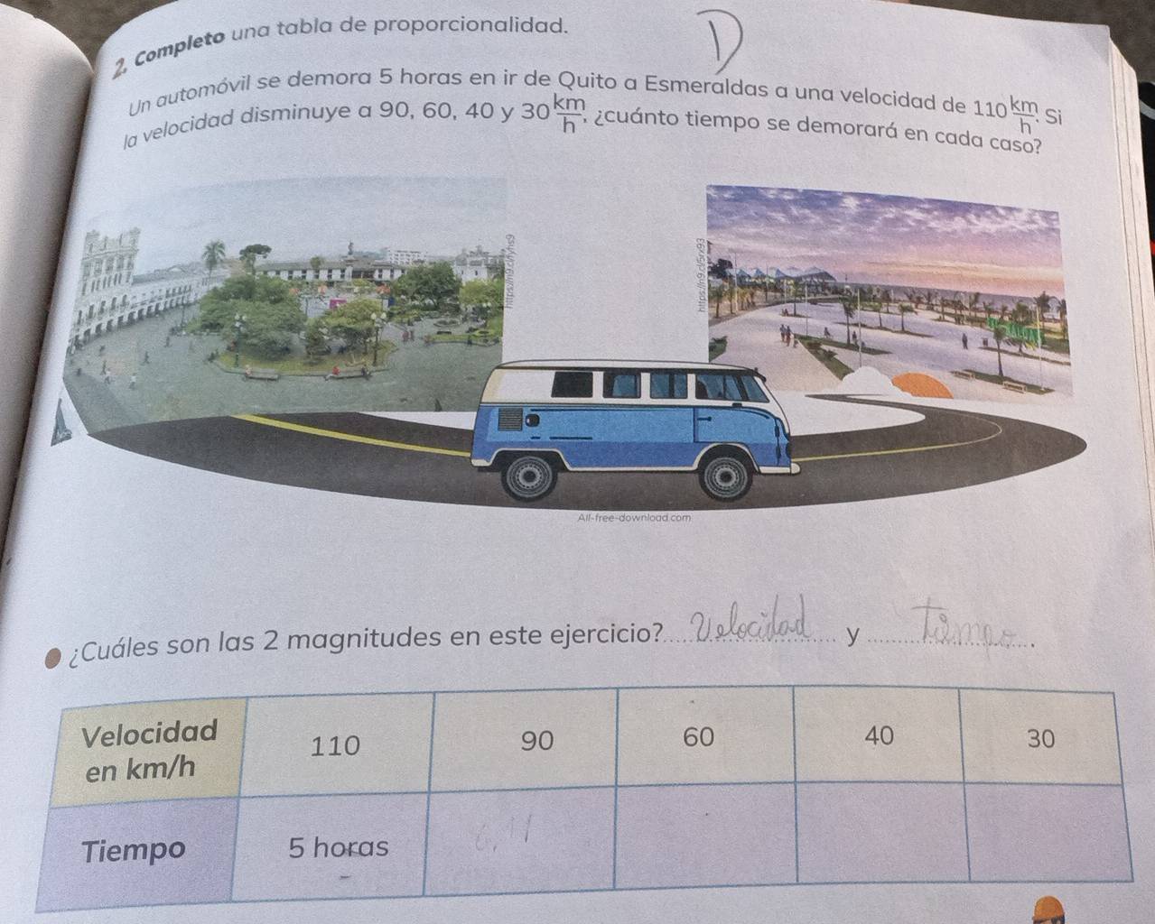 2, Completo una tabla de proporcionalidad. 
Un automóvil se demora 5 horas en ir de Quito a Esmeraldas a una velocidad de 110 km/h  Si 
la velocidad disminuye a 90, 60, 40 y 3(  km/h  ¿cuánto tiempo se demorará en cada caso? 
¿Cuáles son las 2 magnitudes en este ejercicio?_ y_