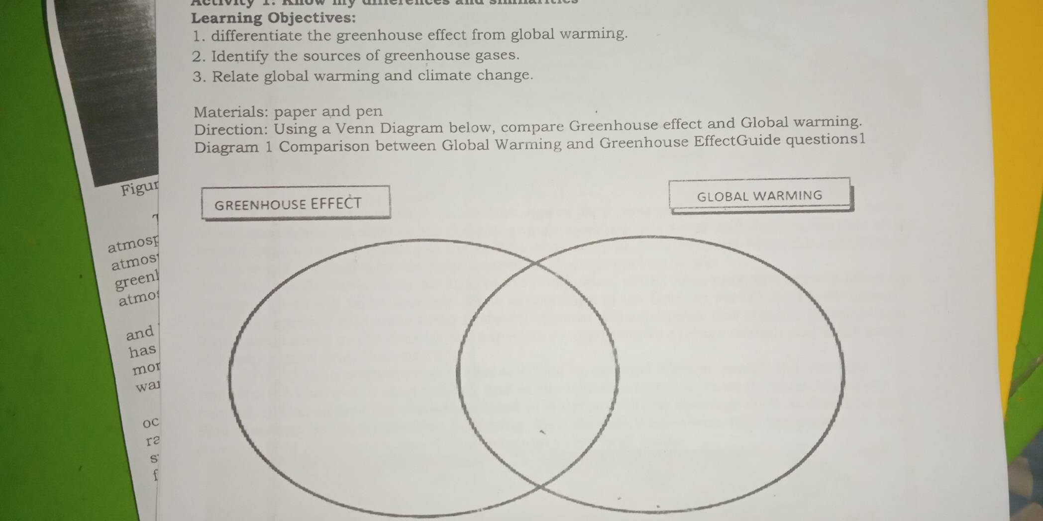 Learning Objectives: 
1. differentiate the greenhouse effect from global warming. 
2. Identify the sources of greenhouse gases. 
3. Relate global warming and climate change. 
Materials: paper and pen 
Direction: Using a Venn Diagram below, compare Greenhouse effect and Global warming. 
Diagram 1 Comparison between Global Warming and Greenhouse EffectGuide questions1 
Figur 
GReEnhOUse EFFEČT GLOBAL WARMING 
atmosp 
atmos 
greenl 
atmo 
and 
has 
mor 
wai 
oc 
s