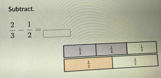 Subtract.
 2/3 - 1/2 =frac 