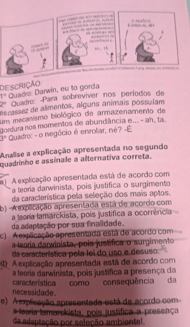 ana screenves aos períoros fe cuavez sé mimentos, almah O renéro
É emrclAq, Hé 9
= = = eaás n é = == Áricó de 1 = a = HITO
6
acem a a no 

A+... 
ras Mea:iardpress.core2911/2/bs/win-5.png. Acasss em 2968/2678
Pí P
DEsCriÇÃo:
1° Quadro: Darwin, eu to gorda
2° Quadro: -Para sobreviver nos períodos de
escassez de alimentos, alguns animais possuíam
um mecanismo biológico de armazenamento de
gordura nos momentos de abundância e... - ah, ta.
3° Quadro: - o negócio é enrolar, né? -É
Analise a explicação apresentada no segundo
quadrinho e assinale a alternativa correta.
) A explicação apresentada está de acordo com
a teoria darwinista, pois justifica o surgimento
da característica pela seleção dos mais aptos.
b) -A explicação apresentada está de acordo com
a teoria lamarckista, pois justifica a ocorrência
da adaptação por sua finalidade.
c) A explicação apresentada está de acordo com
a teoria darwinista, pois justifica o surgimento
da característica pela lei do uso e desuso.
d) A explicação apresentada está de acordo com
a teoria darwinista, pois justifica a presença da
característica como consequência da
necessidade.
e) A explicação apresentada está de acordo com
a teoria lamarckista, pois justifica a presença
da adeptação por seleção ambiental.