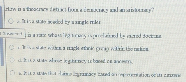 Solved: How is a theocracy distinct from a democracy and an aristocracy ...