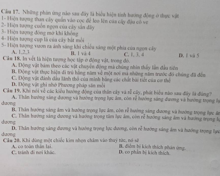 Những phản ứng nào sau đây là biểu hiện tính hướng động ở thực vật
1- Hiện tượng than cây quấn vào cọc để leo lên của cây đậu cô ve
2- Hiện tượng cuốn ngọn của cây sẵn dây
3- Hiện tượng đóng mở khí không
4- Hiện tượng cụp lá của cây bắt mồi
S- Hiện tượng vươn ra ánh sáng khi chiếu sáng một phía của ngọn cây
A. 1,2,3 B. l và 4 C. 1. 3. 4 D.1 và 5
Câu 18. In vết là hiện tượng học tập ở động vật, trong đó.
A. Động vật bám theo các vật chuyển động mà chúng nhìn thấy lần đầu tiên
B. Động vật thực hiện di trú hằng năm về một nơi mà những năm trước đó chúng đã đến
C. Động vật đánh dấu lãnh thổ của mình bằng các chất bài tiết của cơ thế
D. Động vật ghi nhớ Phương pháp săn mồi
Câu 19. Khi nói về các kiểu hướng động của thân cây và rễ cây, phát biểu nào sau đây là đúng?
A. Thân hướng sáng dương và hướng trọng lực âm, còn rễ hướng sáng dương và hướng trọng lự
dưong
B. Thân hướng sáng âm và hướng trọng lực âm, còn rễ 1 hướng sáng dương và hướng trọng lực ân
C. Thân hướng sáng dương và hướng trọng tâm lực âm, còn rễ hướng sáng âm và hướng trọng lự
dương
D. Thân hướng sáng dương và hướng trọng lực dương, còn rễ hướng sáng âm và hướng trọng lực
dưong
Câu 20. Khi dùng một chiếc kim nhọn châm vào thuỷ tức, nó sẽ
A. co toàn thân lại. B. điểm bi kích thích phản ứng.
C. tránh đi nơi khác. D. co phần bị kích thích.