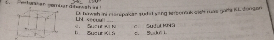 190°
6. Perhatikan gambar dibawah ini !
Di bawah ini merupakan sudut yang terbentuk oleh ruas garis KL dengan
LN, kecuali ....
a. Sudut KLN c. Sudut KNS
b. Sudut KLS
d. Sudut L
K