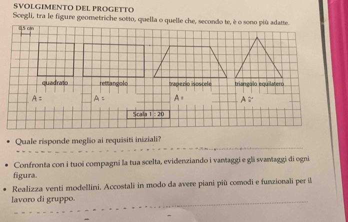 SVOLGIMENTO DEL PROGETTO
Scegli, tra le figure geometriche sotto, quella o quelle che, secondo te, è o sono più adatte.
0,5 cm
quadrato rettangolo trapezio isoscele triangolo equilatero
A= A= A= _ A≌
Scala 1:20
Quale risponde meglio ai requisiti iniziali?
Confronta con i tuoi compagni la tua scelta, evidenziando i vantaggi e gli svantaggi di ogni
figura.
Realizza venti modellini. Accostali in modo da avere piani più comodi e funzionali per il
lavoro di gruppo.
_