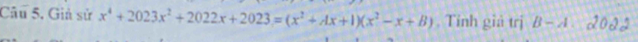 Giả sử x^4+2023x^2+2022x+2023=(x^2+Ax+1)(x^2-x+B) , Tính giả trị B-A