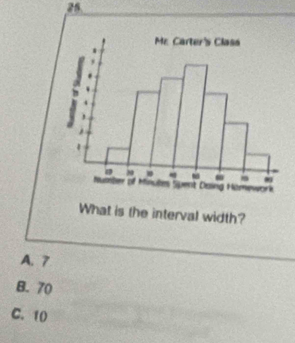 What is the interval width?
A. 7
B. 70
C. 10