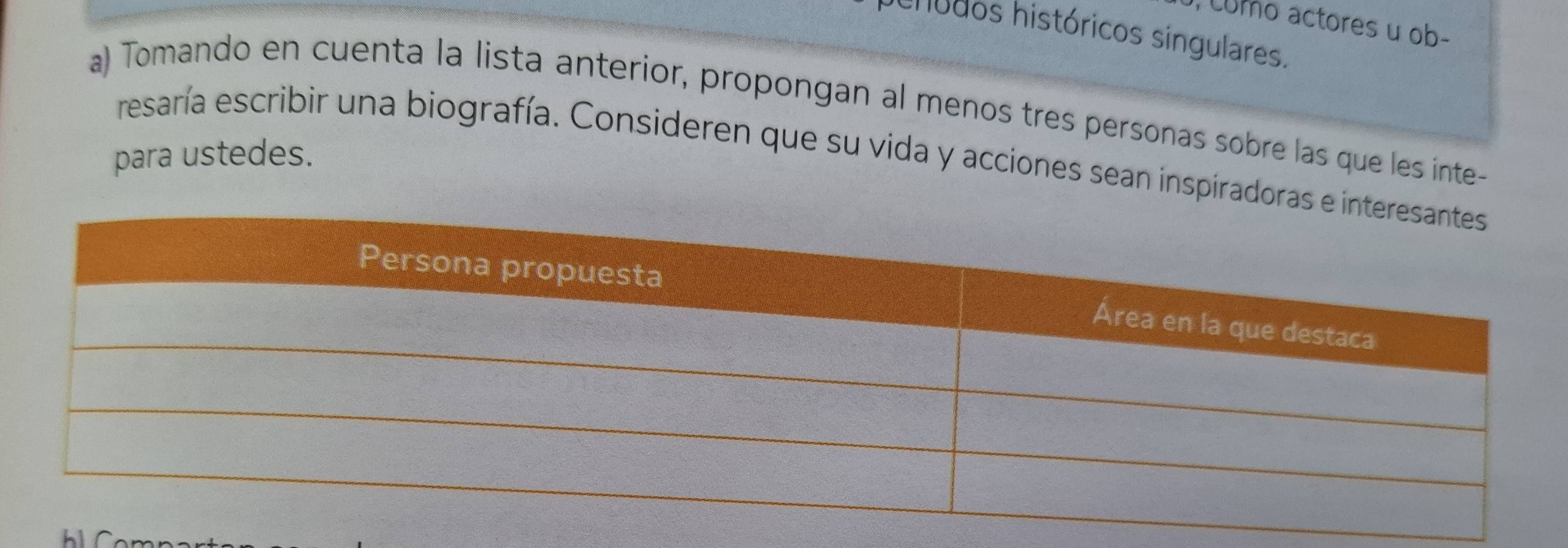 Como actores u ob- 
chtdos históricos singulares. 
a) Tomando en cuenta la lista anterior, propongan al menos tres personas sobre las que les inte- 
para ustedes. 
resaría escribir una biografía. Consideren que su vida y acciones sean inspiradora