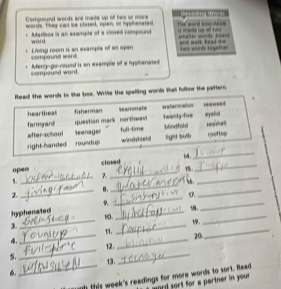 Ueseting Words 
Compound words are made up of two or mere 
words. They can be closed, open, or hyphenated. The werd bearcwate 
Mailbox is an example of a closed compound s made up et tve 
word. smaller words. board 
and walk. Read the 
Living room is an example of an open 
two words together. 
compound word. 
Merry-go-round is an example of a hyphenated 
compound word. 

box. Write the spelling words that follow the pattern, 
_ 
closed 14 
_ 
open _15. 
_7. 
_ 
1. 
16 
_8. 
2. 
17 
_ 
hyphenated 9._ 
_ 
18. 
_ 
_ 
10. 
3. 
_ 
_ 
19. 
11. 
4._ _20. 
_ 
_ 
12. 
5. 
13. 
_ 
6. 
_w o h is week's readings for more words to sort. Read 
ord sort for a partner in your .