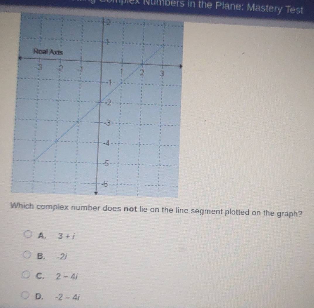 Complex Numbers in the Plane: Mastery Test
Which complex number does not lie on the line segment plotted on the graph?
A. 3+i
B. -2i
C. 2-4i
D. -2-4i