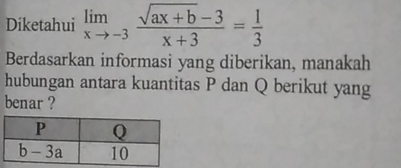 Diketahui limlimits _xto -3 (sqrt(ax+b)-3)/x+3 = 1/3 
Berdasarkan informasi yang diberikan, manakah
hubungan antara kuantitas P dan Q berikut yang
benar ?