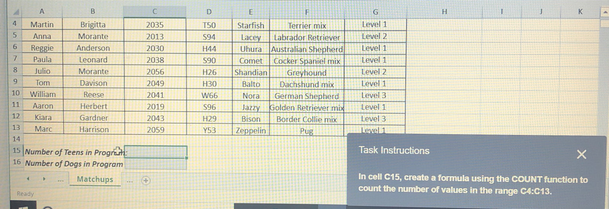 Number of Teens in Program 
Instructions
16 Number of Dogs in Program 
In cell C15, create a formula using the COUNT function to 
Matchups count the number of values in the range C4: C13. 
Ready