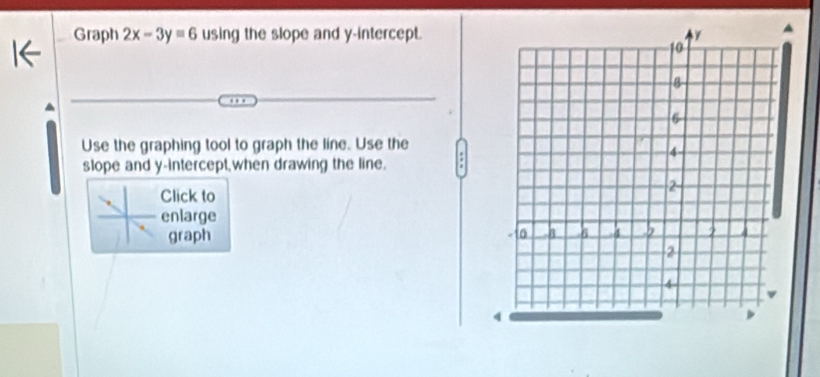 I← Graph 2x-3yequiv 6 using the slope and y-intercept. 
Use the graphing tool to graph the line. Use the 
slope and y-intercept when drawing the line. 
Click to 
enlarge 
graph