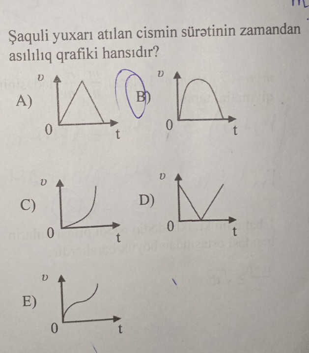 Şaquli yuxarı atılan cismin sürətinin zamandan
asılılıq qrafiki hansıdır?
υ
A)
B)
0
t
υ
C)
D)
0
t
E