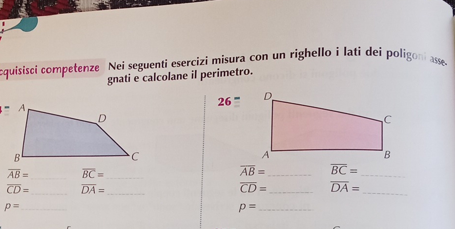 cquisisci competenze Nei seguenti esercizi misura con un righello i lati dei poligoni asse. 
gnati e calcolane il perimetro.
26^-
_ overline AB=
overline BC= _ 
_ overline AB=
overline BC= _ 
_ overline CD=
_ overline DA=
overline CD= _
overline DA= _
p= _
p= _